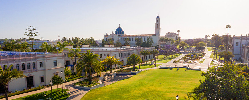 Drone photo of USD campus from Paseo de Colachis