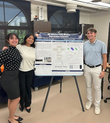 BD Infusion Pump Senior Design Team presents at the Senior Design Expo. Pictured (left to right): Julia Marie Greely, Caley Tamondong, and Sean O’Keefe