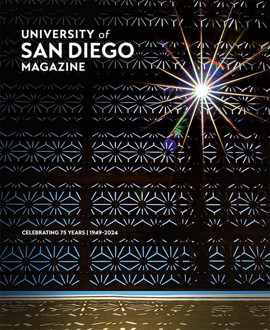 Bright morning sunlight diffuses through a decorative metal screen, casting a patterned shadow on an adjacent wall. These screens were installed during the renovation of Camino and Founders halls in 2020-21, and the design was intended to mimic the Moorish influence in Spanish architecture that allowed for filtering of light and shade. This cover image serves as a powerful example of light being a guiding force as USD celebrates its 75th anniversary. Photo by Matthew Piechalak