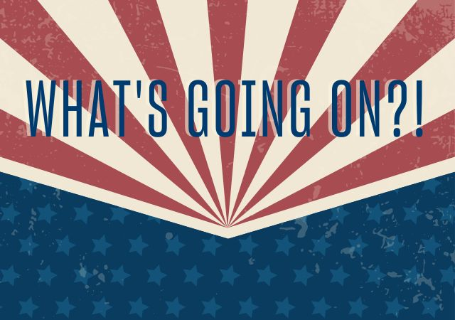 This is the text "What's Going On?!" on rays of white and red with light blue stars on a dark blue background. 
