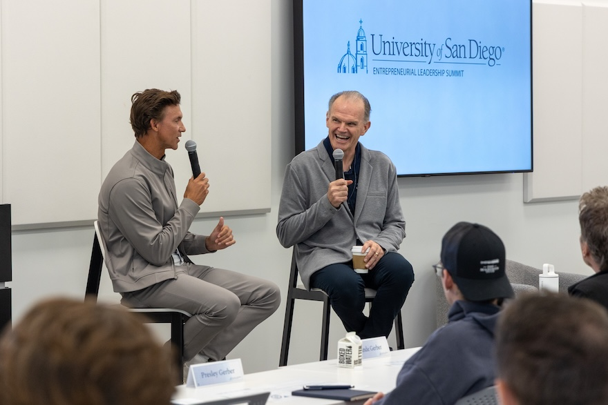 Chairman of C3bank and founder of ABP Capital Mike Persall '02, and USD President James T. Harris III, DEd, address attendees of the inaugural Entrepreneurship Leadership Summit (Photo: Kelsey Grey)