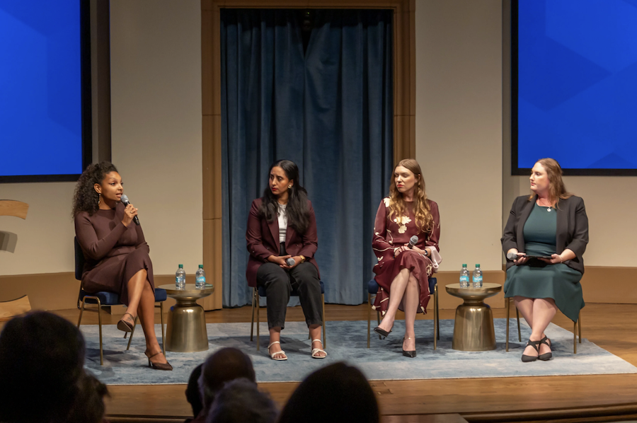 Women PeaceMakers (from left): Temi Mwale, Bochra Laghssais, Mariia Levchenko; and Program Officer Briana Mawby